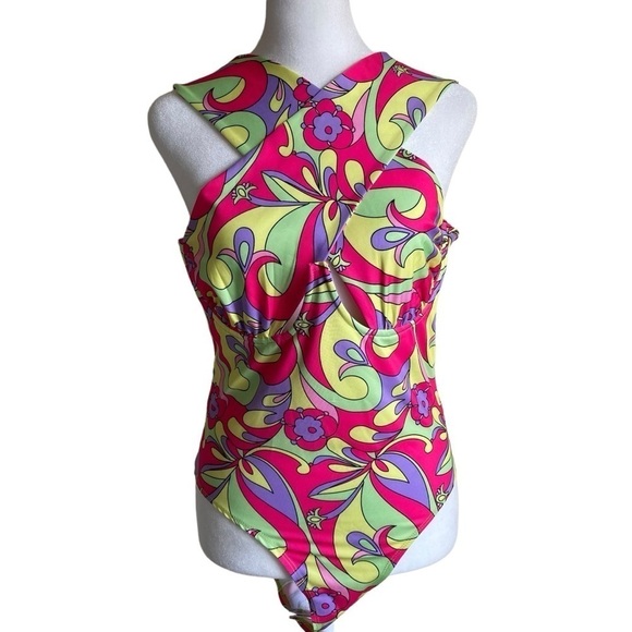 NWT AKIRA Happy Daze Cross Over Cutout Halter Bodysuit Retro 70s Hippie Print L - Picture 1 of 15